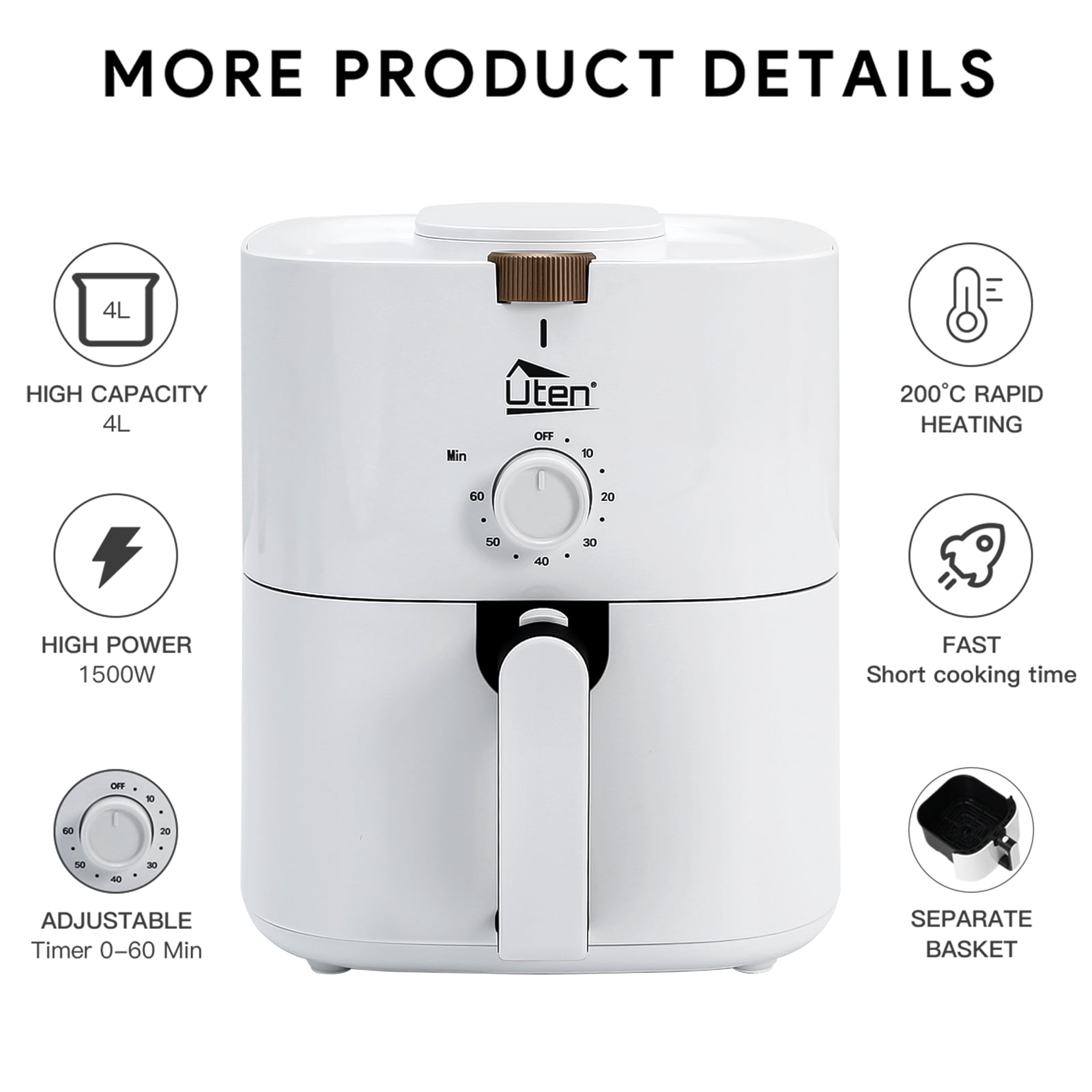 Uten 4.2 Qt Air Fryer, 1500W 5-in-1 Oil Free Cooker with Timer Knob & Adjustable Temperature, Nonstick Basket, Easy Clean Compact Size for Family, White