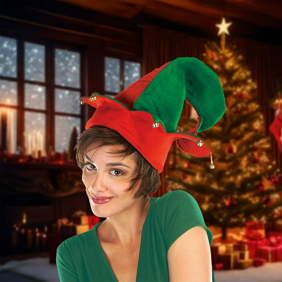 Beistle Club Pack of 12 Red and Green Striped Felt Elf Hat with Bells - Adult Sized