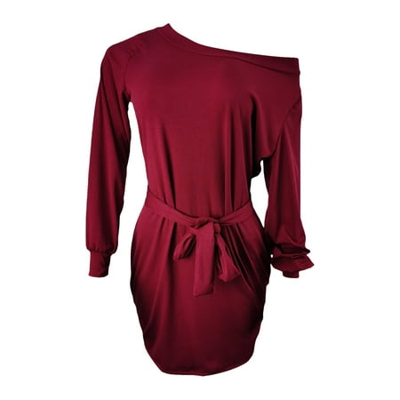 LowProfile Dresses for Women Casual Winter Fall Long Sleeve Spring Comfort Pure Slim Bag Buttocks Off Shoulder Fashion Dress Red M