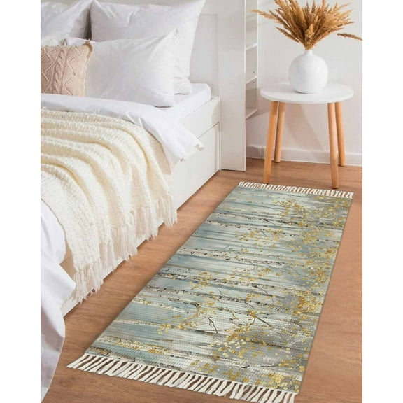 Yellow Grey Forest Hallway Runner Rug 2x6ft,Grey Modern Art Oil Painting Washable Woven Living Room Bedroom Kitchen Bathrom Carpet with Tassels,Indoor Outdoor Throw Door Mat for Entryway