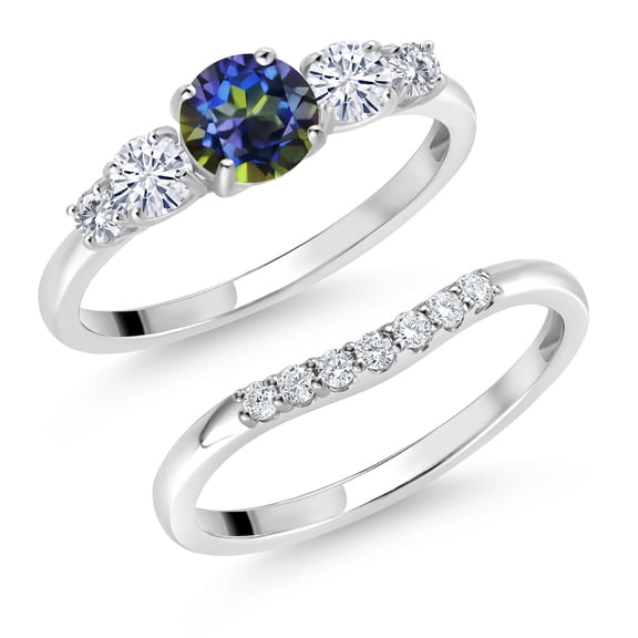 Gem Stone King 10K White Gold Blue Mystic Topaz White Moissanite and White Lab Grown Diamond 5 Stone Bridal Engagement Wedding Ring Set for Women (0.81 Cttw, Round: 5MM and 3MM, Size 6)