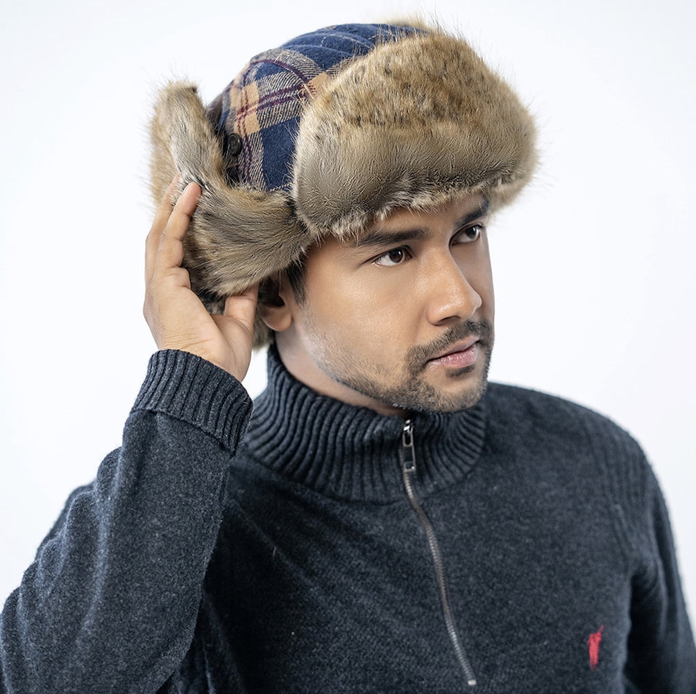 HEYANN Winter Trapper hat,Russian Ushanka Plaid Faux Fur Fuzzy for Men Women with Ear Flaps Eskimo Soviet Pilot Hat