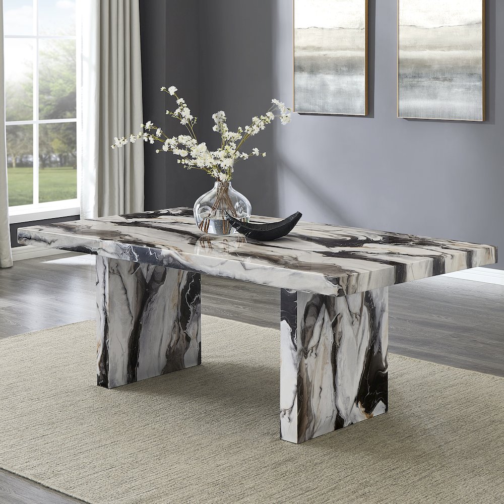 Roundhill Furniture Cavira Modern Faux Marble Dining Table with Double Pedestal Base