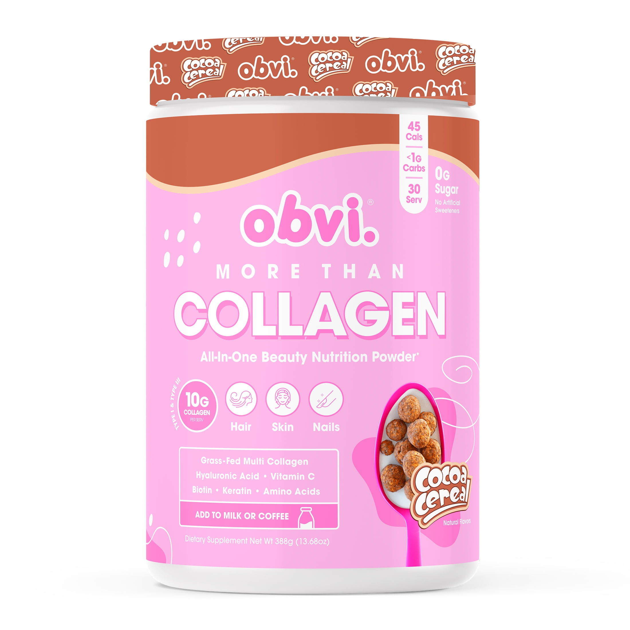 Obvi More than Collagen Peptides Powder, Cocoa Cereal, 30 Servings, 13.68 oz, 10g Collagen