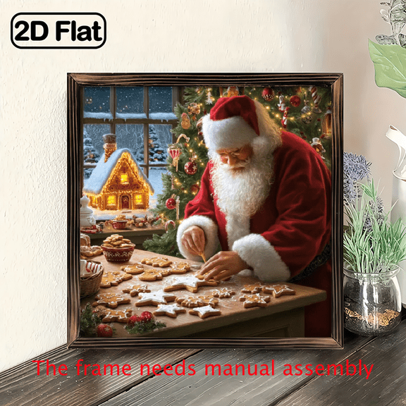 2D Flat - 1pc Rustic Wood Framed Wall Art - Vintage Gingerbread House Santa Claus Wall Art, Christmas Decoration with Santa, Gingerbread House, Cookies - Easy Hang Wooden Frame - 8x8 Inch, Perfe
