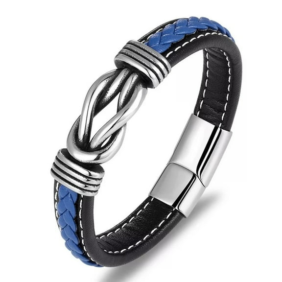 Mens Fashion Leather Bracelet with Stainless Steel Accents, Blue