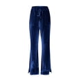 thumbnail image 6 of Women's Velvet Flare Pants, High Waist Drawstring Wide Leg Pants, Soft Casual Lounge Pants with Side Pockets for Daily Wear, Loungewear and Relaxed Outfits Dark Blue L, 6 of 7