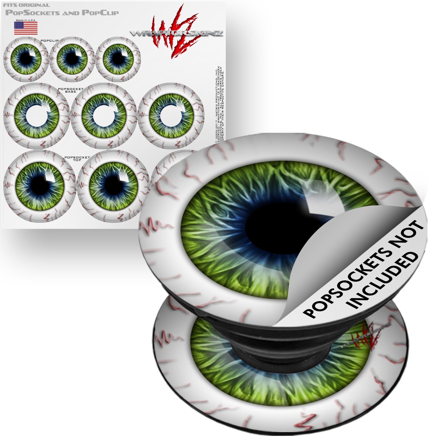 Decal Style Vinyl Skin Wrap 3 Pack for PopSockets Eyeball Blue Green (POPSOCKET NOT INCLUDED) by WraptorSkinz