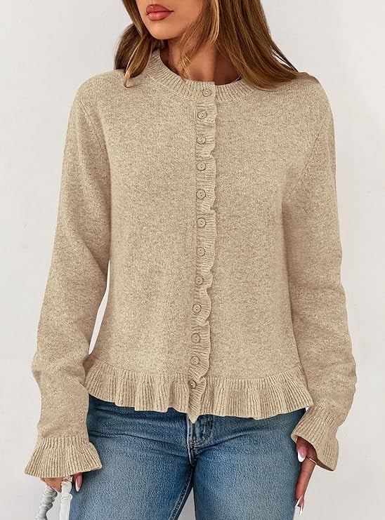 Womens Fall Button Down Cardigans Chunky Knit Ruffle Open Front Cropped Cardigan Sweaters Soft Long Sleeve Tops - image 2
