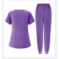 thumbnail image 3 of Scrubs for Women Set - Pockets V-Neck Nursing Top & Drawstring Jogger Pants, Stretch Comfortable Medical Uniform Purple M, 3 of 3