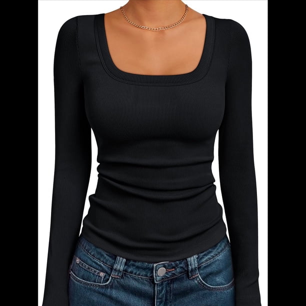 Camisas de Larga para Mujer, Blusas de Cuello Cuadrado, Blusas Básicas de Punto Acanalado, Conjuntos de Otoño, Ropa de Moda Negro L