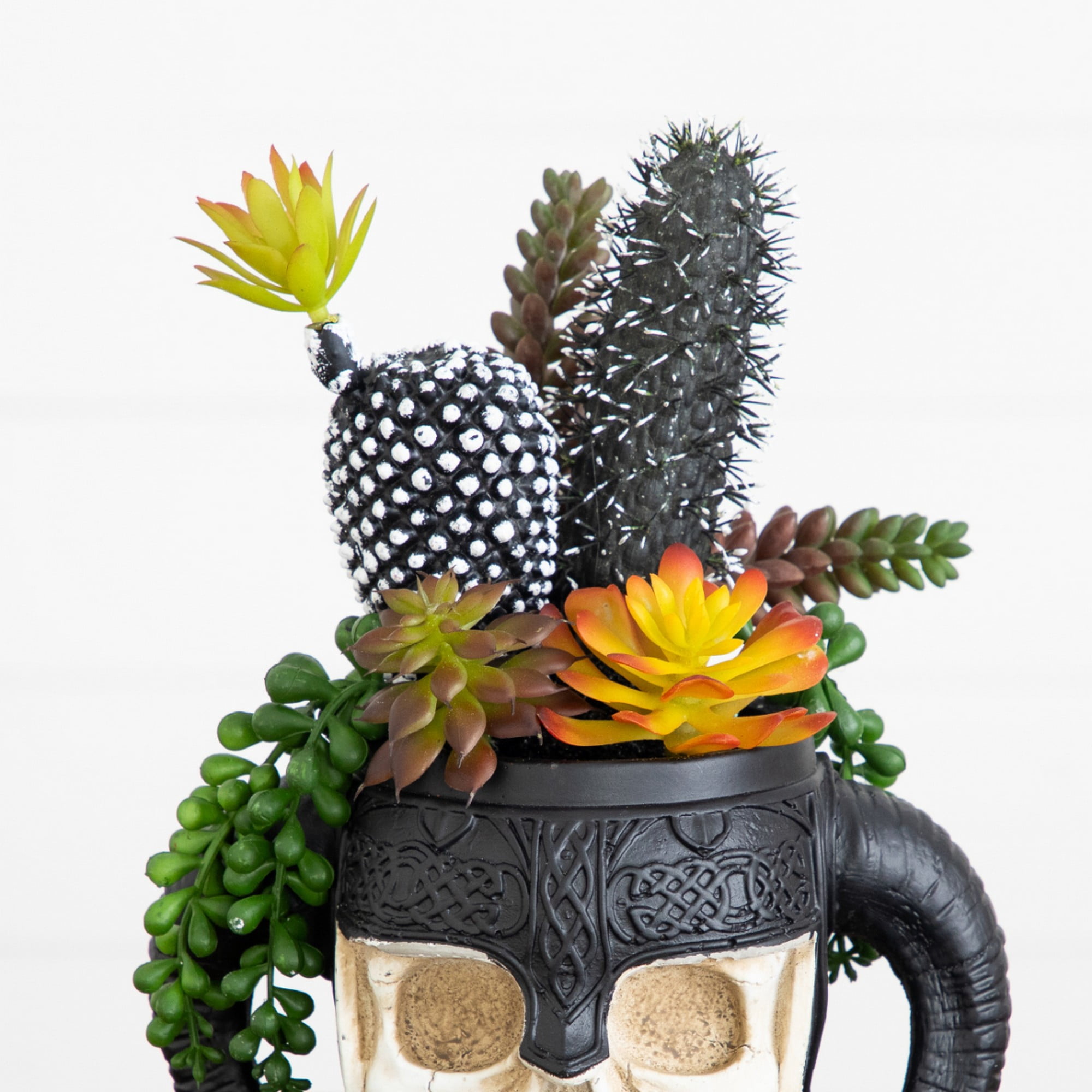 9in. Artificial Halloween Mixed Succulent Garden in Warrior Skull Planter