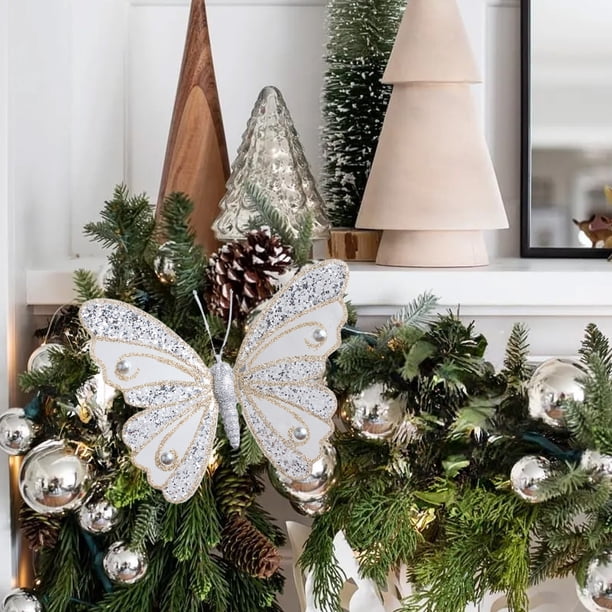 Adornos navideños de plástico decorativos de malla hueca plateada de alta gama, doble capa, con forma de mariposa, accesorios para árbol de Navidad, decoración navideña, decoración de Halloween, decor