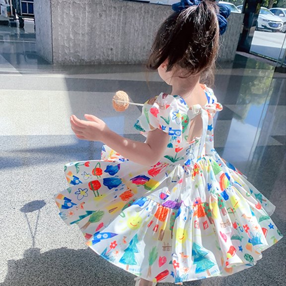 Kids Toddler Girl Graffiti Dress Girls Summer Backless Skirt Sundress