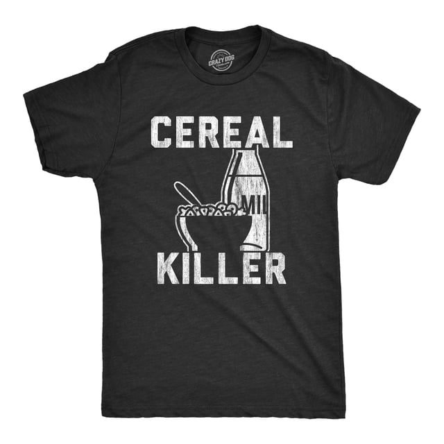 Mens Cereal Killer T Shirt Funny Breakfast Serial Sarcastic Wordplay Graphic Tee in heather black, size S. Features bold white text 'Cereal Killer' with a milk bottle and cereal bowl graphic on the front. A humorous graphic tee made from super soft cotton with a slim fit design, ideal for casual wear or gifting.