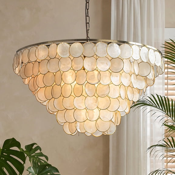7-Light 30'' Modern Coastal Aged Bronze Natural Capiz Shell Tiered Chandelier Vintage Glam Pendant Light For Dining Room Living Room or Foyer