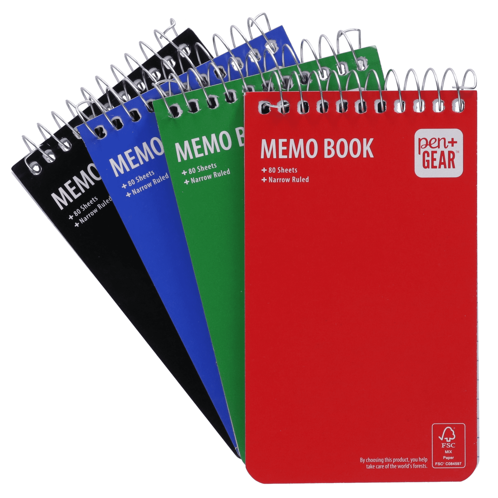 Pen + Gear Spiral Bound Ruled Paper Memo Book, 3 in x 5 in, 4 Pack, 80 Sheets Each, 0 Holes