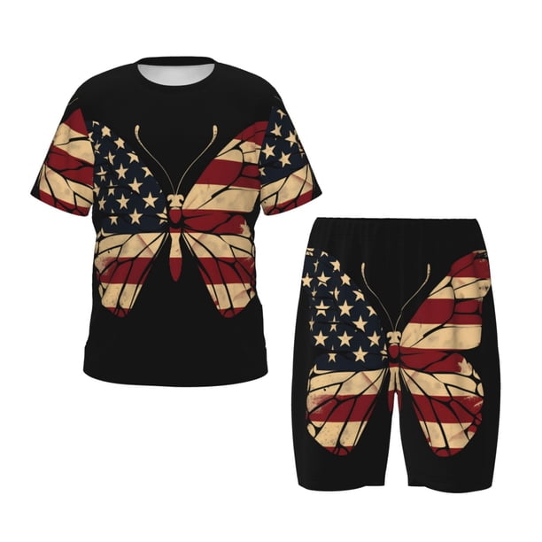 Balery Patriotic USA Butterfly Art Conjunto de Pijama Infantil de Manga Corta con Estampado – Ropa de Dormir de Algodón Suave-Small