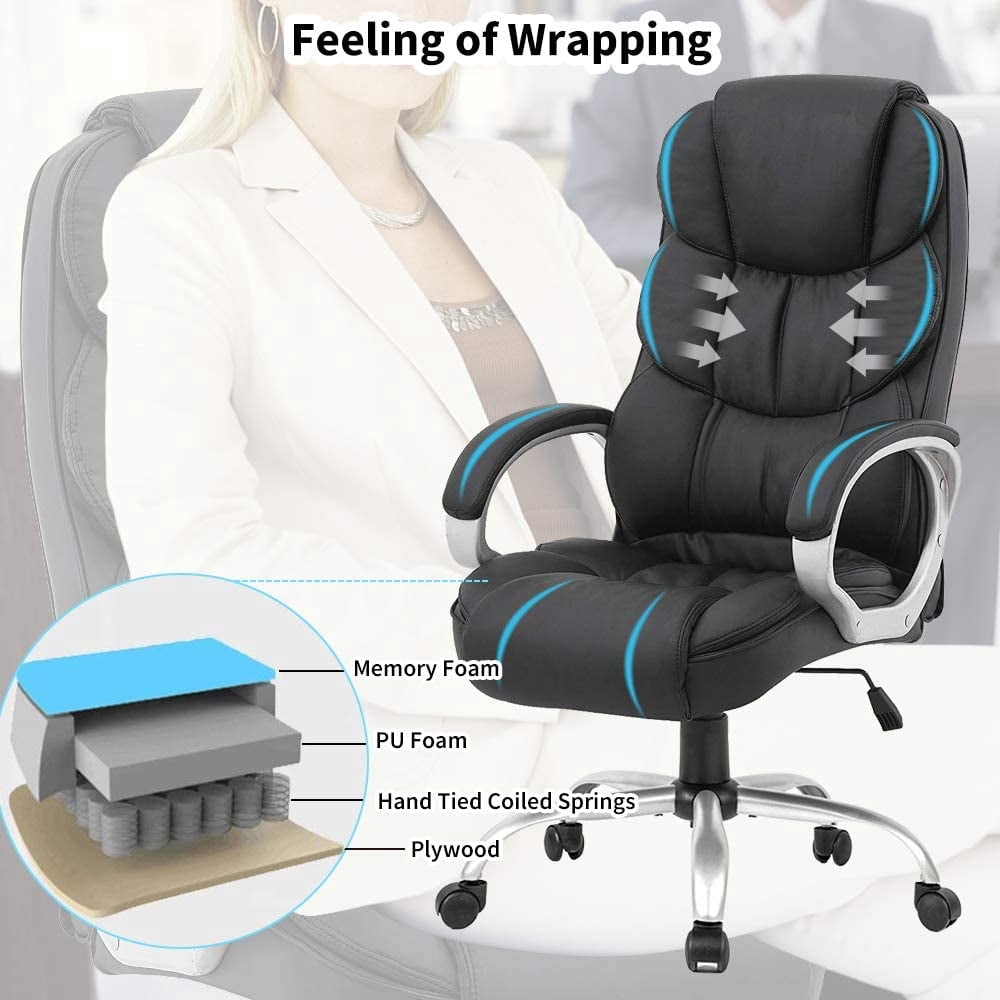 NiamVelo Executive Office Chair PU Leather Computer Desk Chair Adjustable Backrest with Lumbar Support for Adults, Black