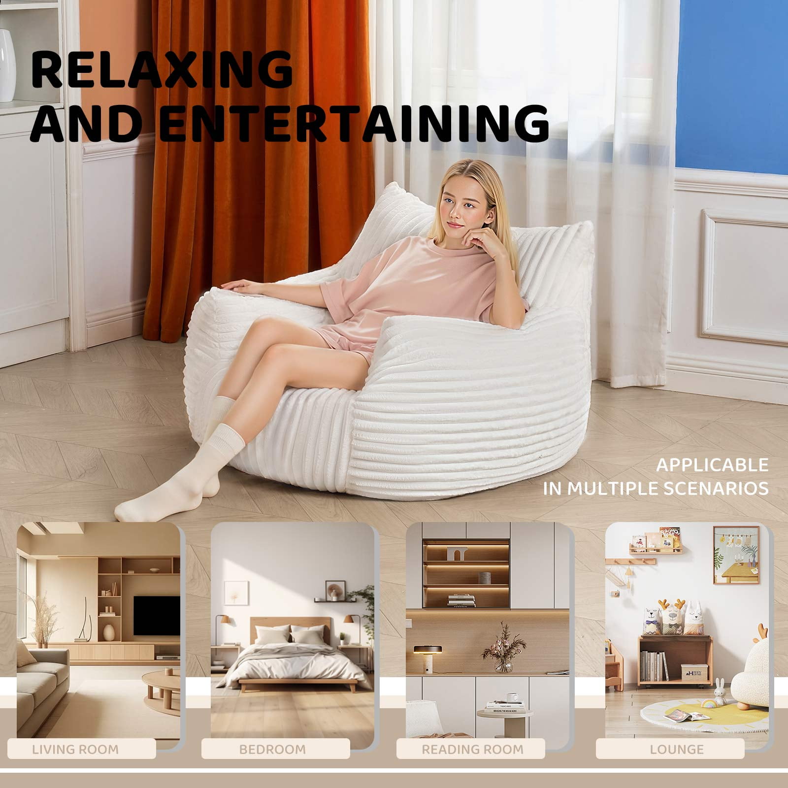 zyoiszvq Corduroy Bean Bag Chairs for Adults with Memory Foam Filling,Stuffed Lounge Floor Sofa Reading Chair with Armrests