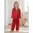 thumbnail image 6 of Spewahor Kids Girl Satin Pajama Set Ruffle Trim Long Sleeve Button-up Tops and Elastic Waist Pants 2 Piece Sleepwear Outfit, 6 of 9