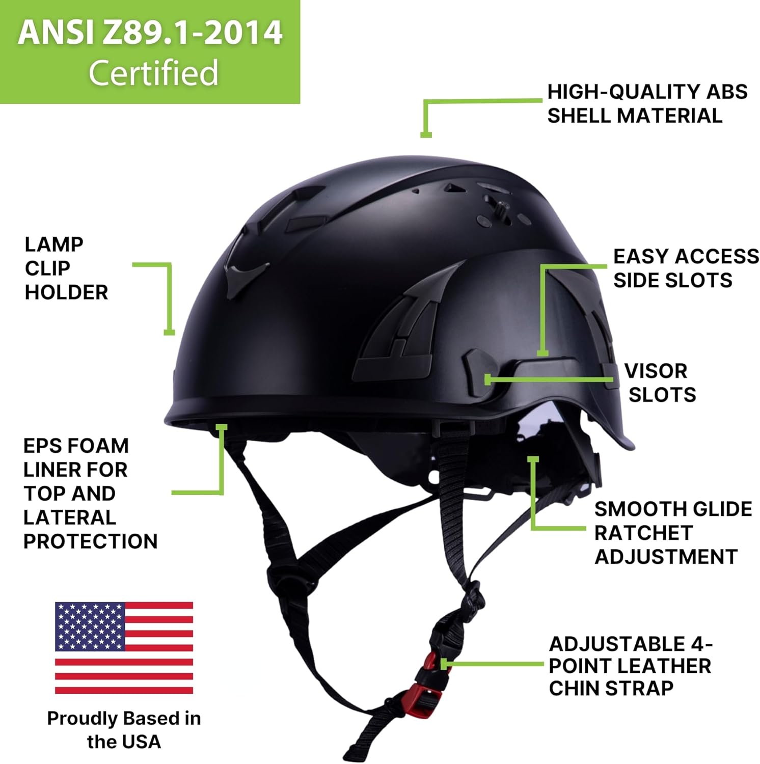 Land Helmets AeroPro Arborist Safety Helmet with Visor – ANSI Z89.1 Type 1 Class C Vented - Hard Hat for Fall Protection, Arborist & Technical Rescue - Black with Smoke Visor