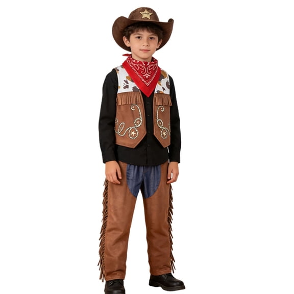 Kiijoy Toddler Boys Cowboy Outfits Fringe Cowboy Vest Pants Scarf Hat 4Pcs Set, Sizes 4-5
