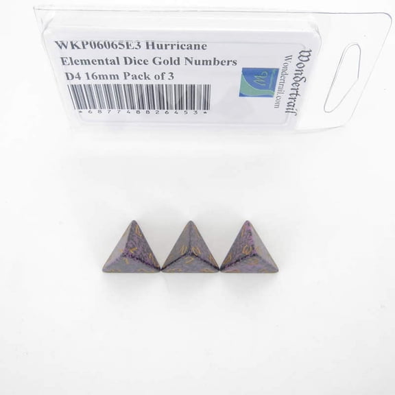 Hurricane Elemental Dice with Gold Numbers D4 16mm (5/8in) Pack of 3 Wondertrail