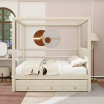 Full Size Upholstery Canopy Platform Bed with Trundle and Three Storage Drawers, Beige