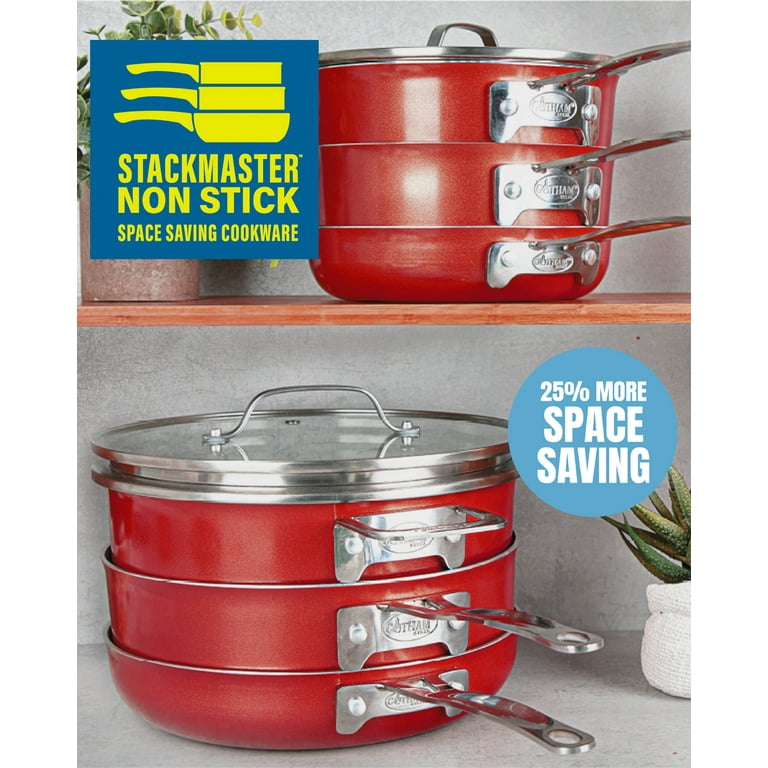 Stackable Pots and Pans Stackmaster 10 Piece Cookware Set with Ultra  Nonstick Cast Texture Ceramic Coating, Copper - Bed Bath & Beyond - 37523230