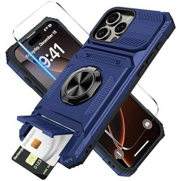 MYKOMI for iPhone 16 Pro Max Wallet Case with Card Holder 1 Screen Protector, (2 Cards) & 360°Ring Kickstand Military Grade Drop Shockproof Rugged Case for iPhone 16 Pro Max 6.9"