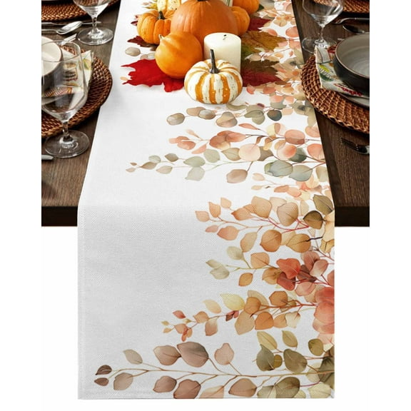 Fall Table Runner Thanksgiving Watercolor Eucalyptus Leaves Table Runners Autumn Plant White Cotton Linen Dresser Scarf Kitchen Dining Table Decor for Fall Holiday Party Decor 13x36 Inch