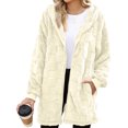 thumbnail image 2 of Women's Fashionable Casual Warm Thick Plush Striped Embossed Button Hooded Cardigan Coat Beige L, 2 of 6