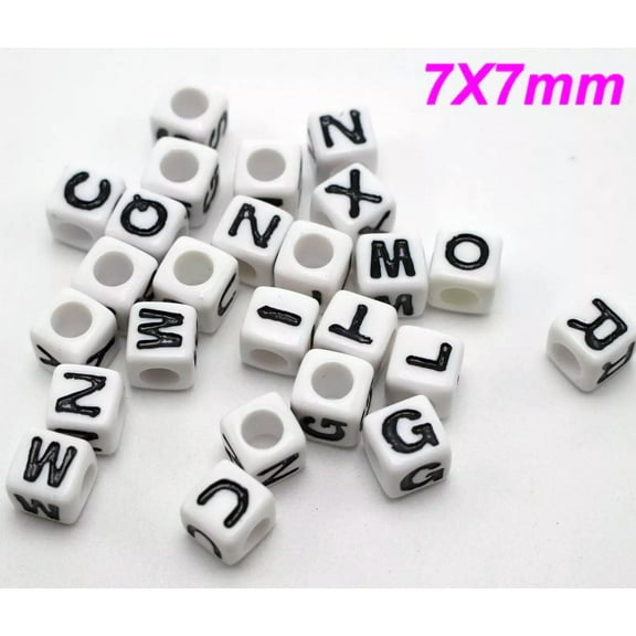 U8MO 200 White with Black Assorted Alphabet Letter Cube Pony Beads 7X7mm(0.28") Craft