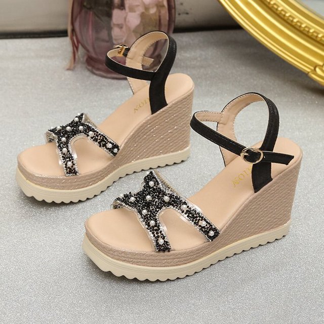 Sandalias de tacón de cuña de verano para mujer, sandalias de plataforma con punta abierta, zapatos informales con cordones, sandalias de tacón grueso de moda 2023, Sandals35 de lujo Gao Jinjia LED