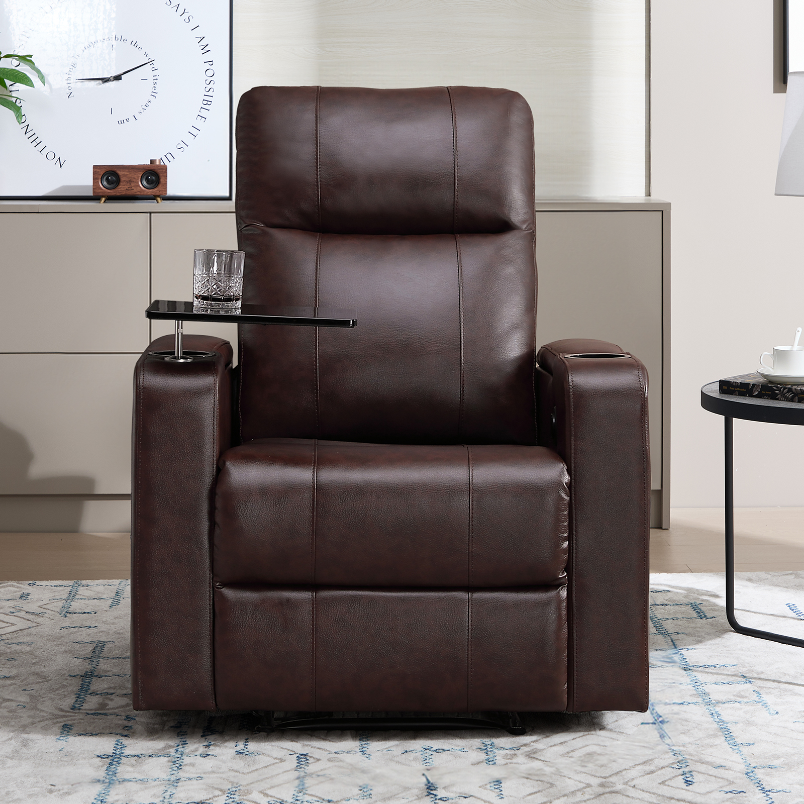 Bonzy Home Power Electric Recliner Chair, PU Leather Home Theater Seating with Swivel Tray Cup Holders, USB Port & Hidden Storage, Single Movie Recliner for Living Room Media Room, Brown