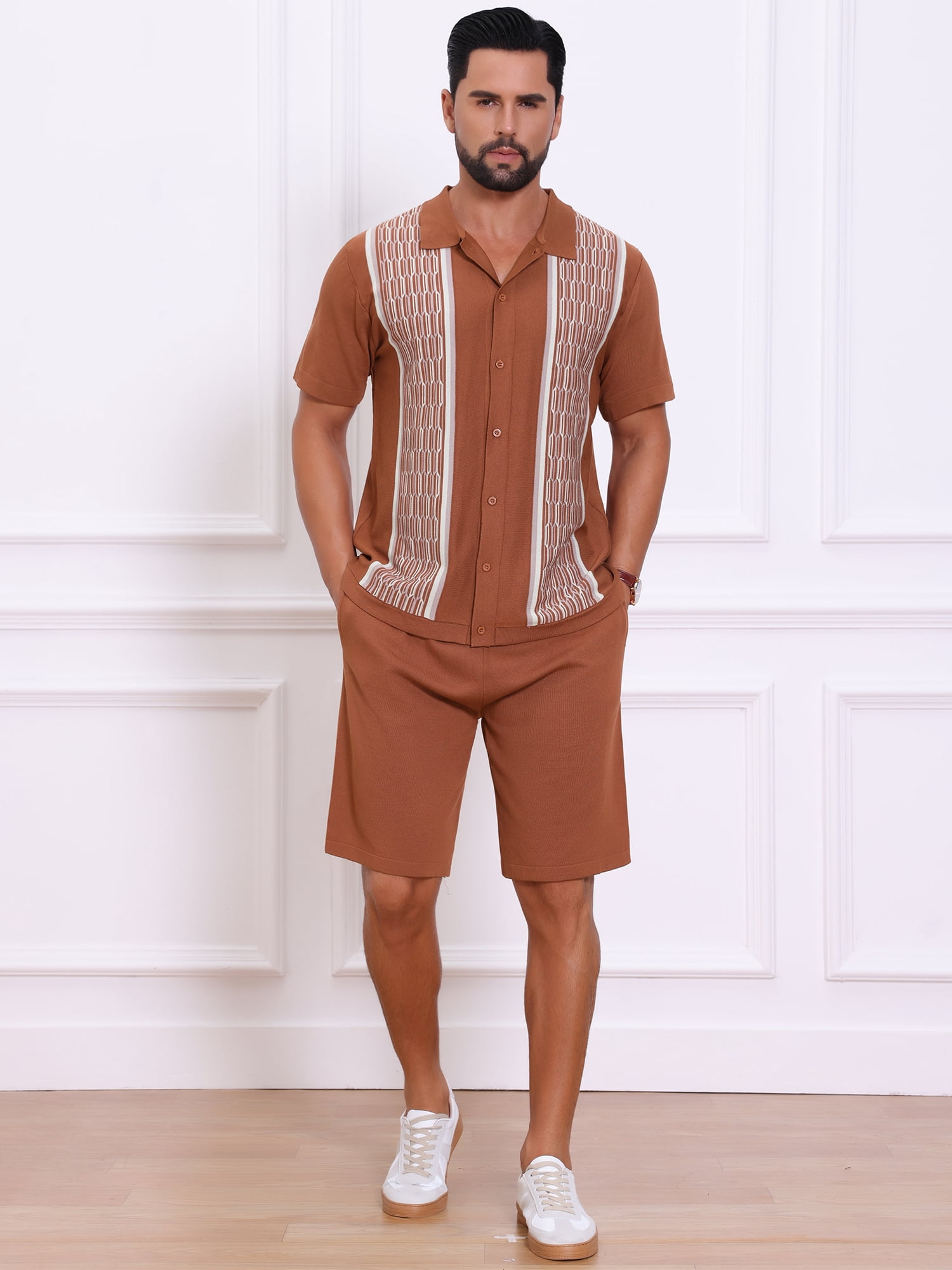DARING DIVA Men's 2 Pieces Sets Summer Polo Shirt & Shorts Printed Knit Outfits L Brown