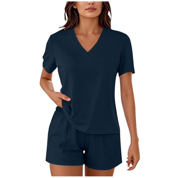 Cagogo Women's 2 Piece Shorts Set Casual Summer Yoga Workout Outfits V Neck Short Sleeve Tshirt Elastic Waisted Shorts Solid Basic Lounge Sets Tracksuits Travel Airport Clothes, Navy M