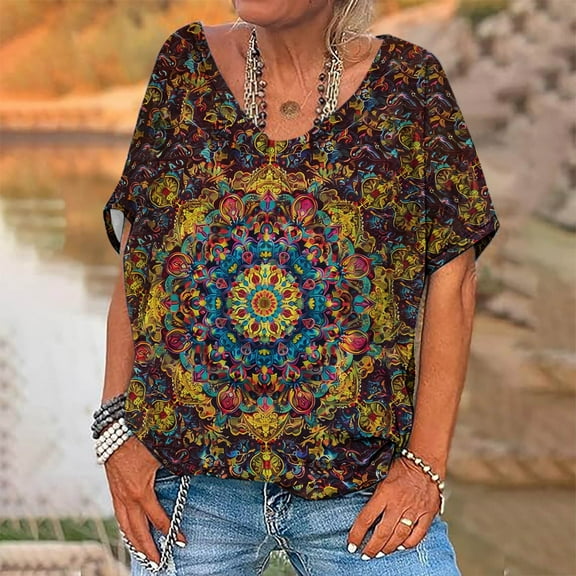 Sakmal Short Sleeve 3x Womens Tops Red V-Neck Floral Asymmetrical Vintage T-Shirts Womens Tshirts