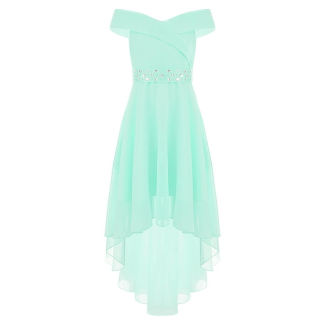Xnihocha Robe Formelle Épaules Dénudées pour Filles Ourlet Haut Bas Robe de Fête de Mariage avec Ceinture en Strass Vert Menthe 14