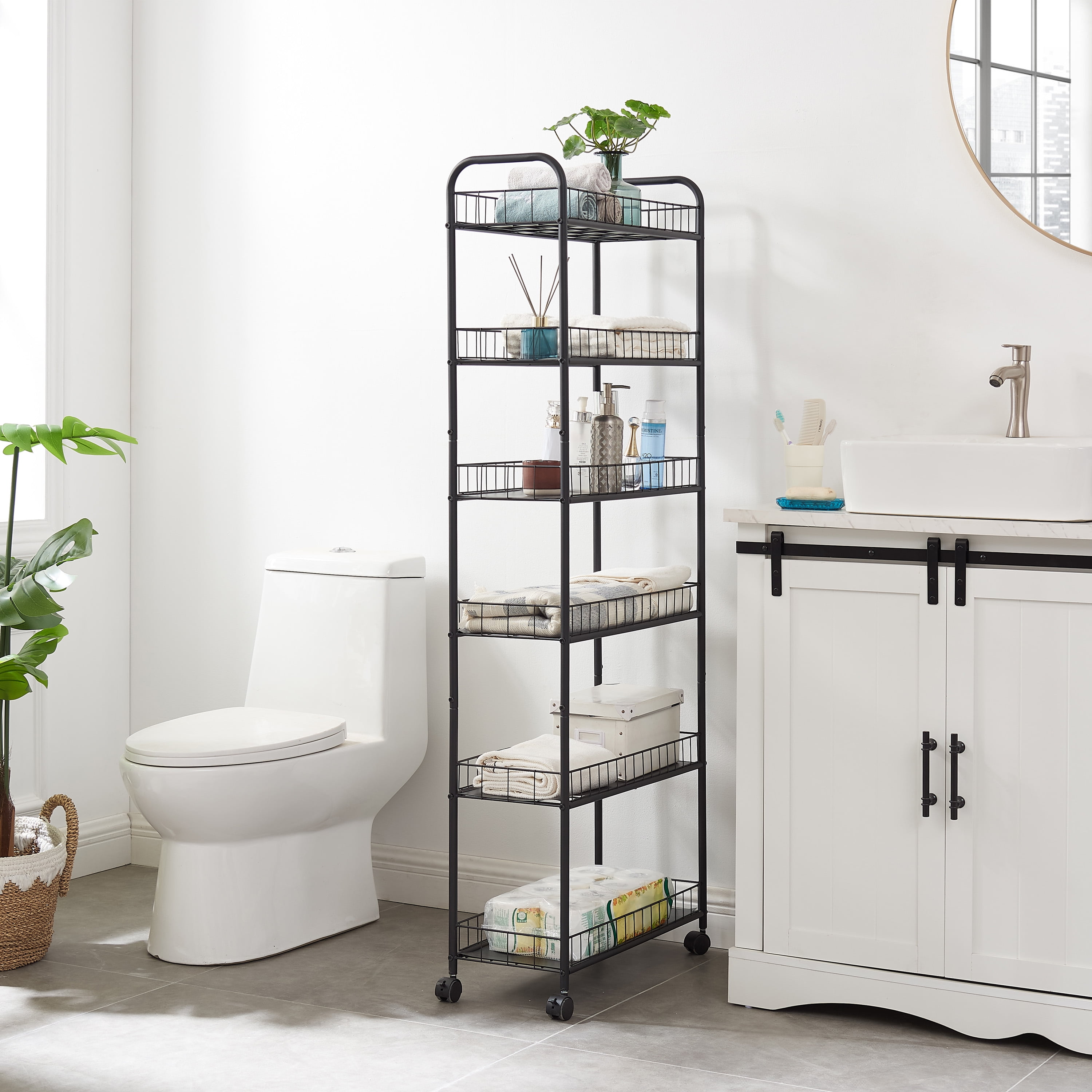 Miniyam 6-Tier Slim Rolling Cart,Narrow Slim Slide Out Storage Shelving Unit with Wheels,Kitchen,Bathroom,Garage,Laundry Room,10"D x 22.8"W x 61"H,Black