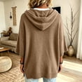 thumbnail image 4 of Womens Solid Color Knit Hoodie Drawstring 3/4 Sleeve Ribbed Hem Loose Fit Travel Lounge Outerwear Blouse Khaki S, 4 of 6