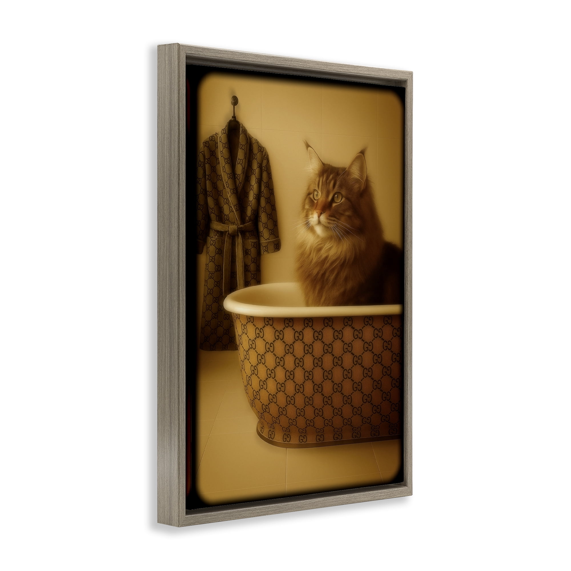 Stupell Industries Couture Main Coon in Luxury Tub Brown Framed Floater Canvas Wall Art, design by Grotto Studios