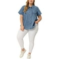 thumbnail image 2 of Agnes Orinda Women's Plus Size Jean Denim Short Sleeve Chest Pocket Button Down Shirts 1X Stone Washed Blue, 2 of 6