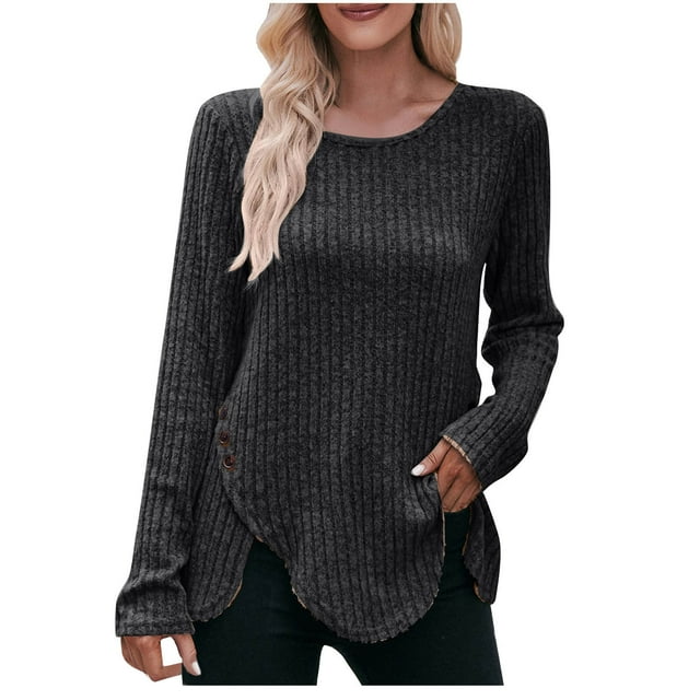 Timegard Tops for Women Ribbed Long Sleeve Scoop Neck Button Pullover Fall Casual Loose Tops Sweater