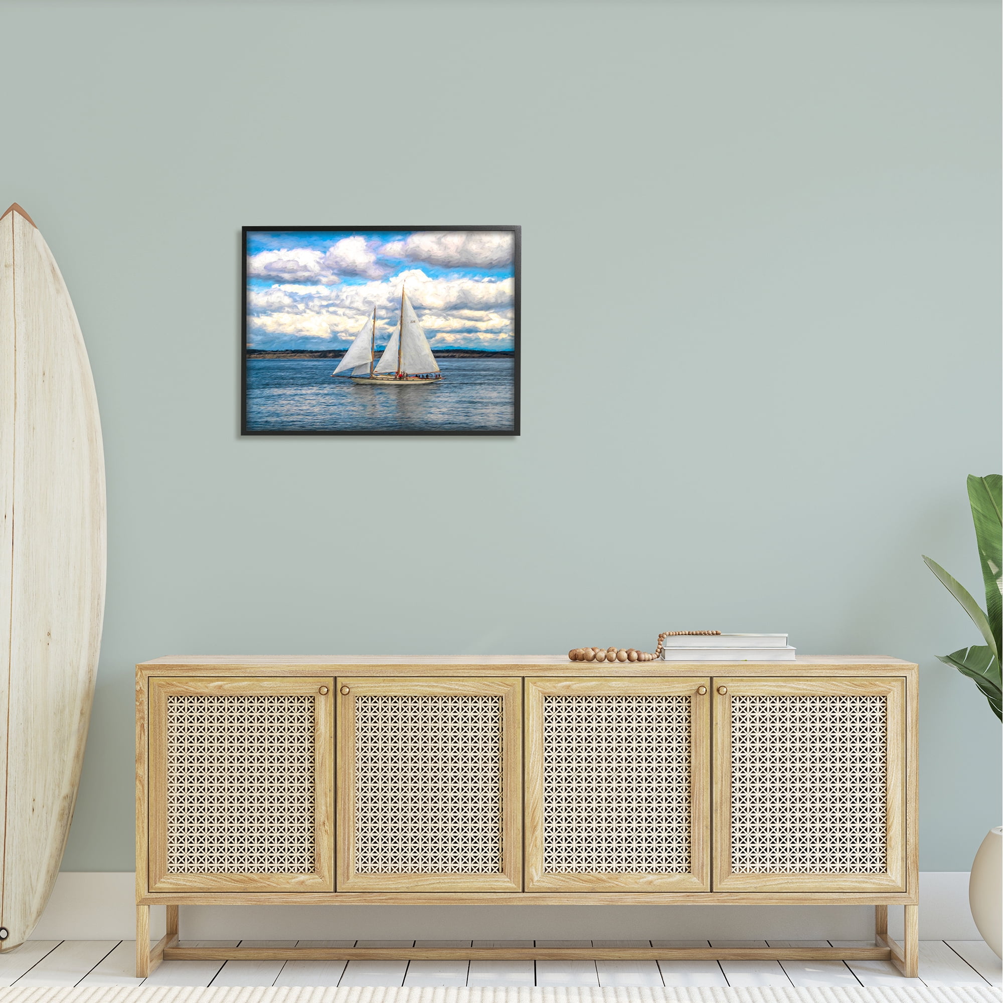 Stupell Industries Quaint Sailboat Floating Ocean Fluffy White Clouds Framed Wall Art, 30 x 24, Design by Nan