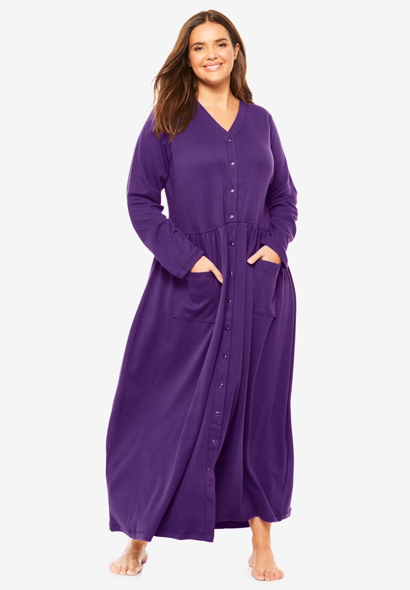 Only Necessities - Only Necessities Women's Plus Size Long Snap-Front Knit Lounger Nightgown