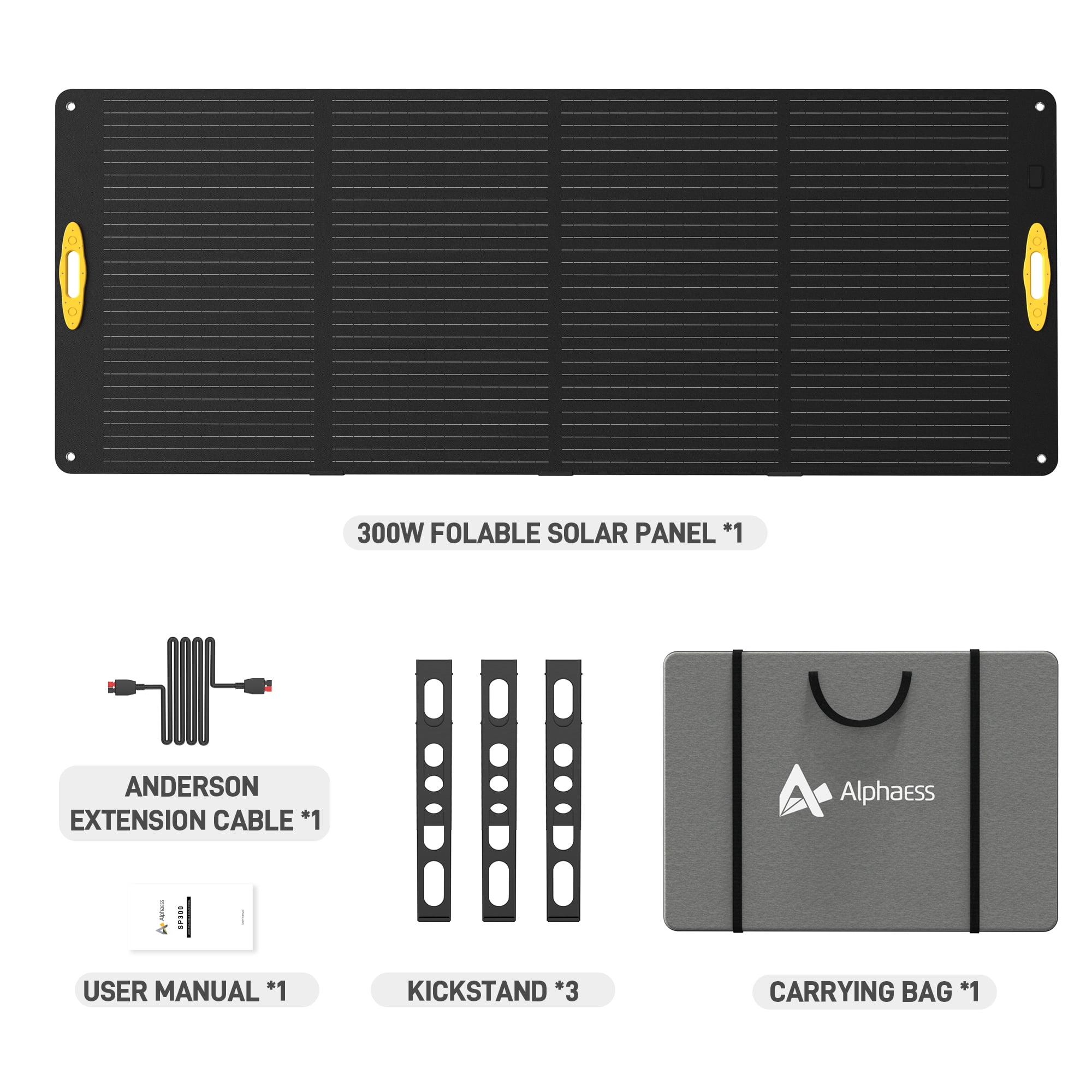 AlphaESS 300W Portable Solar Panel for Power Station, Foldable Solar Generator Charger with Adjustable Kickstand, Anderson Output, Waterproof IP67 for Outdoor Camping, Emergency, Home Backup