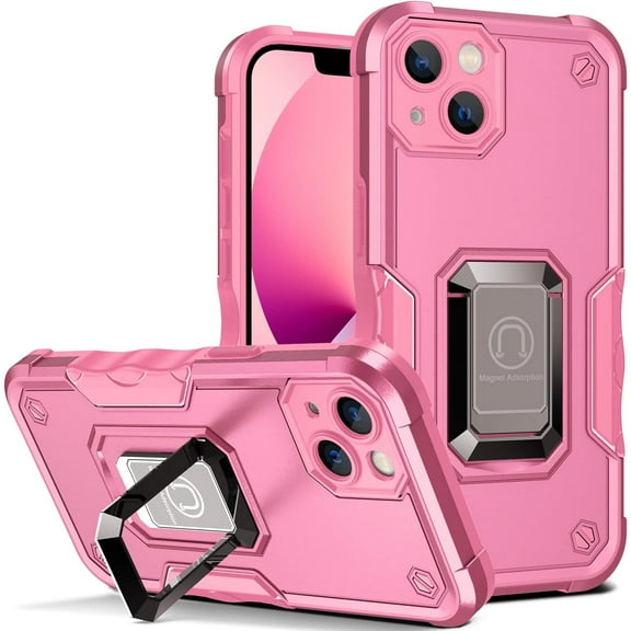 Slim Fit Phone Case for iPhone 14 (Not 14 Max), Military Flag Magnet Adsorption Kickstand Case with Screen Camera Lens 360° Full Protection Shell for iPhone 14, JQ Pink