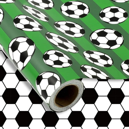 XD4-Soccer Ball Wrapping Paper - Mini Roll - 17 In x 32.8 Ft Sports Green Black White Soccer Gift Wrap Paper Double-Sided DIY Art Craft Paper for Birthday Holiday Party*04